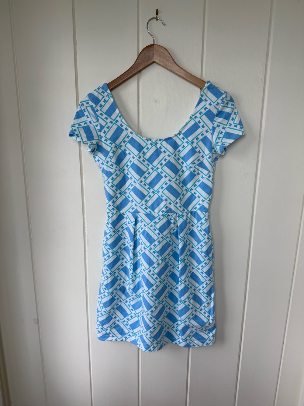MAHI GOLD Blue, Teal & White Geometric Print Mini Dress with Scoop Neck